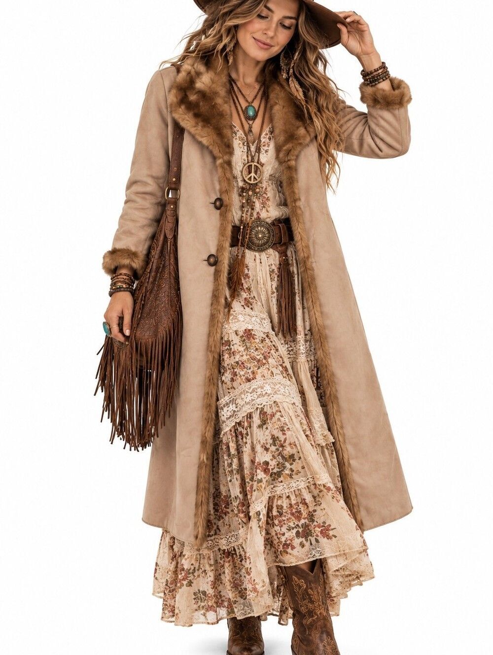 Vintage Penny Lane Coat M Long Botton Up Vegan Suede Fur Boho Western Hippie